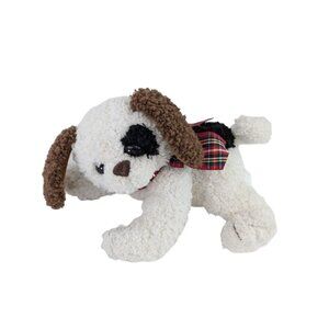Pup E. Dogs Plush 8" White Puppy Curly Fur Stuffed Toy Eye Patch Red‎ Plaid Bow